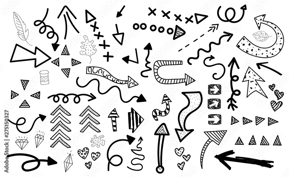 Cartoon pictures set of different hand drawn arrows. Mixed style white and black flat icons. Vector illustration. White background.