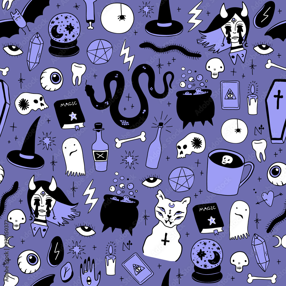 Magic Halloween objects seamless. Hand drawn colored vector pattern - obrazy, fototapety, plakaty 