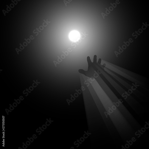 Light in the end concept illustration, a metaphor of afterlife, knowledge, clinical death, hope, religion, light in the end of the tunnel, hand reaching for dim light