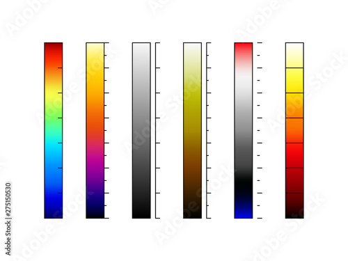 Thermographic camera color palettes vector, a set of thermal vision pseudo color charts, infrared imaging camera various color schemes, colorful temperature scales