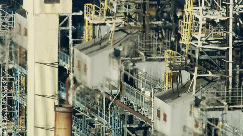 Aerial view chimney vapor emissions Los Angeles refinery