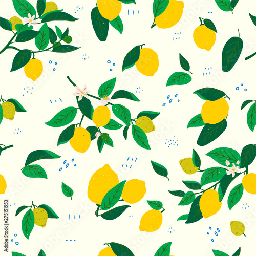 Lemon branches and leaves seamless pattern