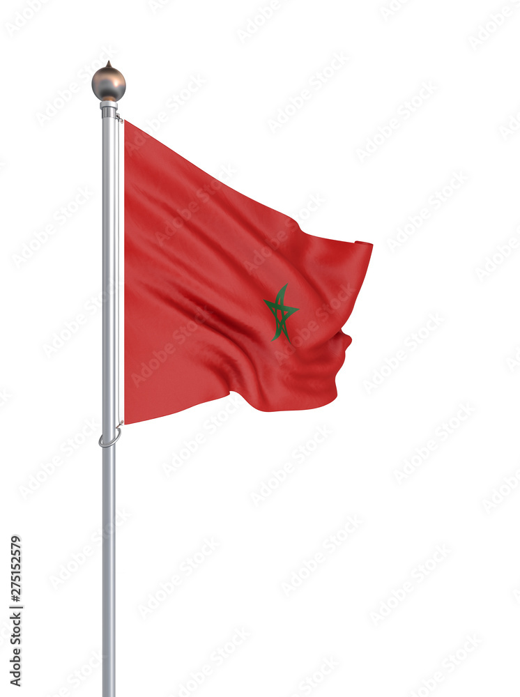 Naklejka premium Morocco flag blowing in the wind. Background texture. 3d rendering, waving flag. Isolated on white. Illustration.