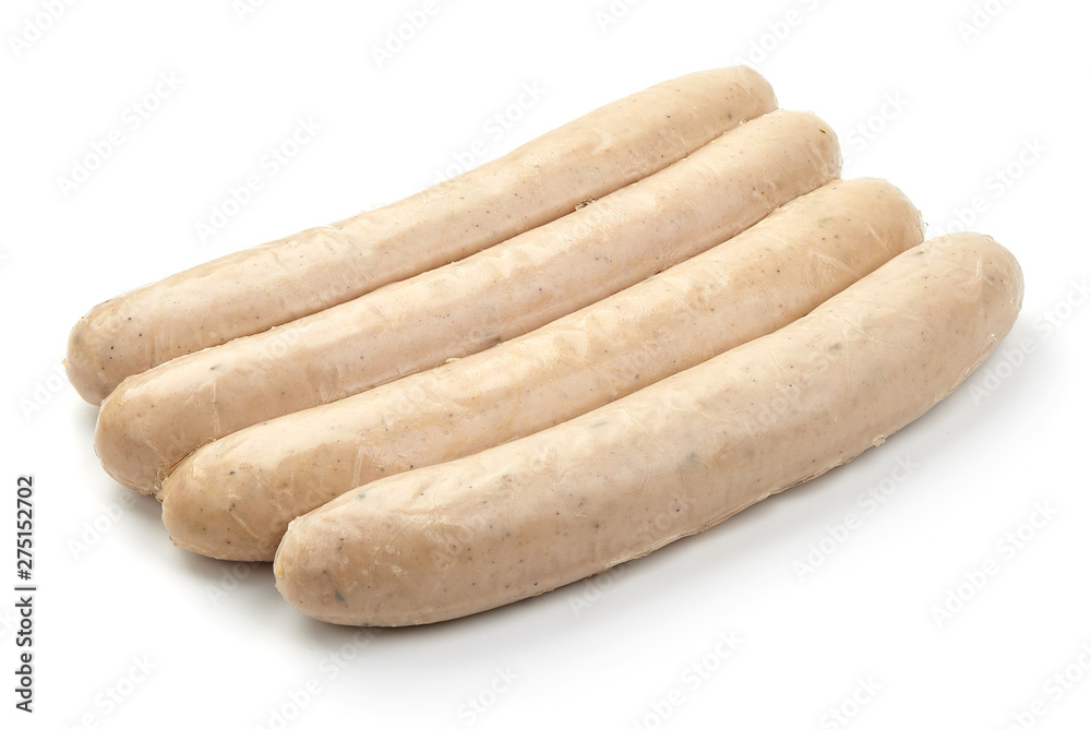 German pork sausages, Thuringer Rostbratwurst, close-up, isolated on white background German pork sausages, Thuringer Rostbratwurst, close-up, isolated on white background