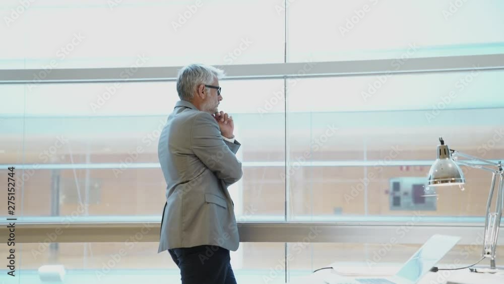 Businessman standing looking out office window Businessman standing looking out office window