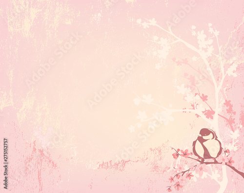 titmouse bird sitting on blooming sakura tree branch - spring season nature shabby textured pastel shaded vector background