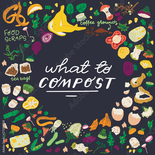 What To Compost inscription and food scraps