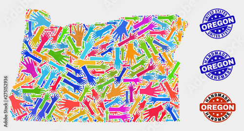 Vector handmade composition of Oregon State map and rubber seals. Mosaic Oregon State map is made with randomized bright colored hands. Rounded stamp imprints with corroded rubber texture.