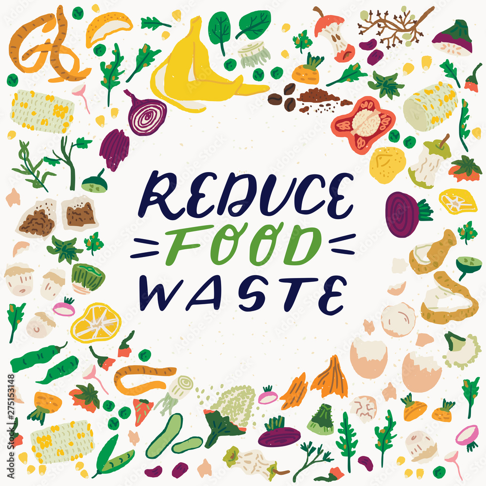 Obraz premium Reduce Food Waste inscription and food scraps