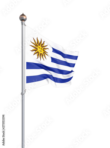 Uruguay flag blowing in the wind. Background texture. 3d rendering, waving flag. Illustration. Isolated on white.