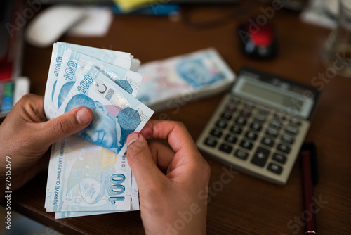 woman hands counting turkish lira photo