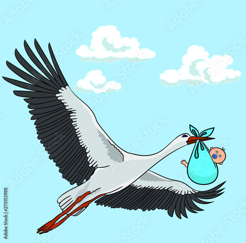 A stork flies against the sky with a baby in its beak