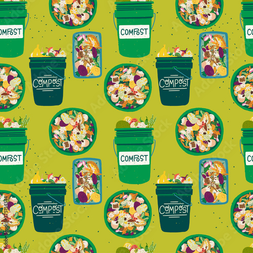 Seamless pattern with compost bins and food scraps