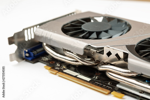 Computer graphic card with two fans on a white background, side view photo