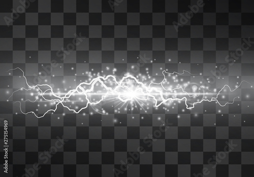 Lightning vector silver light effect. Decorative neon glowing lighting bolt, electrical discharge on transparent background with magical halo and sparkling stardust. Thunderbolt stream. Bursting flash