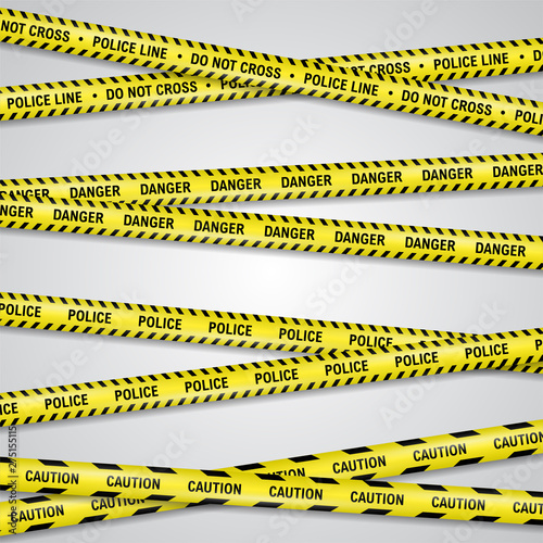 Restricting, danger, caution yellow band vector set, isolated on white. Police or construction cordon plastic ribbon to forbid trespassing for life safety, to keep area intact or avoid contamination.