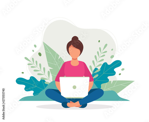 Woman with laptop sitting in nature and leaves. Concept illustration for working, freelancing, studying, education, work from home. Vector illustration in flat cartoon style