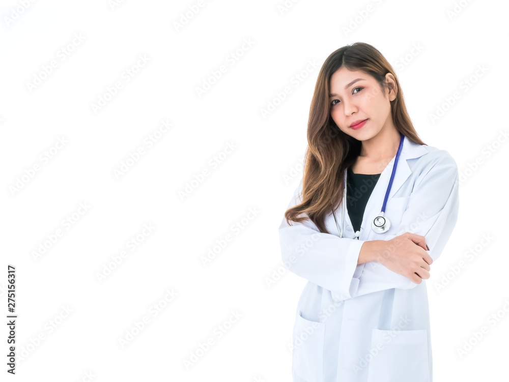 Asian young female doctor cross one's arm show her confident professional in career with stethoscope Asian young female doctor cross one's arm show her confident professional in career with stethoscope