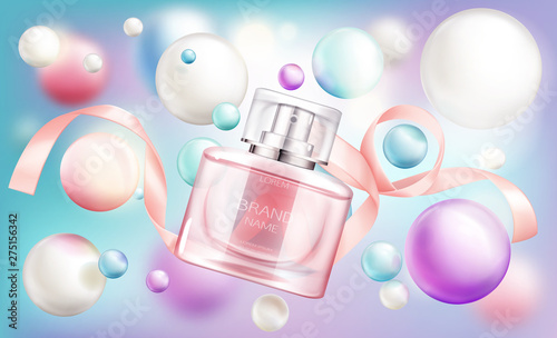 Perfume bottle. Glass sprayer flask with pink liquid and silk ribbon on rainbow background with pearly bubbles, package design mockup. Women fragrance cosmetic product Realistic 3d vector illustration