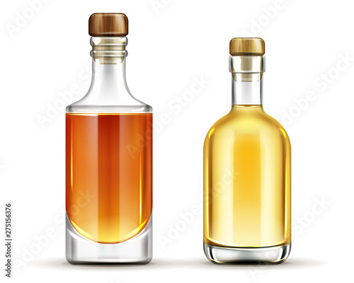 Bottles of tequila, whiskey, bourbon alcohol drinks mock up set , glass flasks with cork and liquid isolated on white background, design elements for advertising. Realistic 3d vector illustration