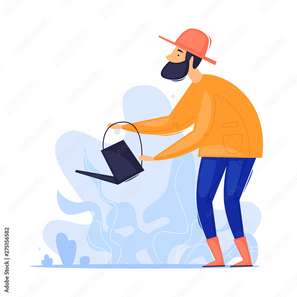 Fototapeta premium Man watering the garden. Gardener, agriculture. Flat design vector illustration.