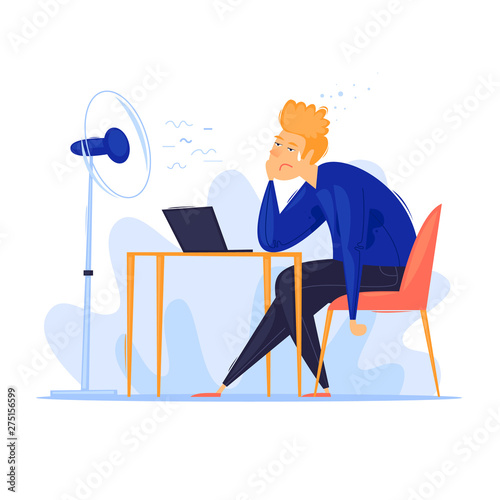 Heat in the office, summer, man sitting at the table sweaty. Flat design vector illustration.