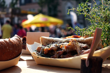 organic food on street food festival. special food sold on Open kitchen food festival event.