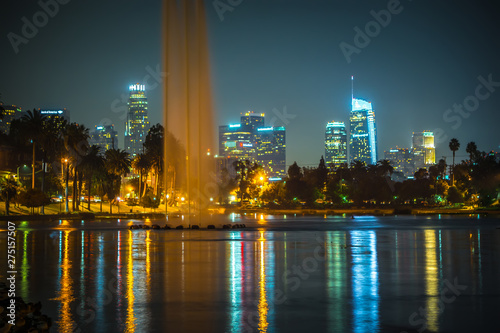 los angeles reflection in pond at night