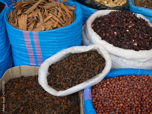 Loose spices on a moroccan market in Meknes, Morocco