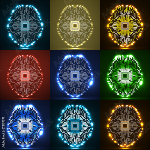 Set of neon brain. Cpu. Circuit board. Abstract technology background. Vector illustration. Eps 10