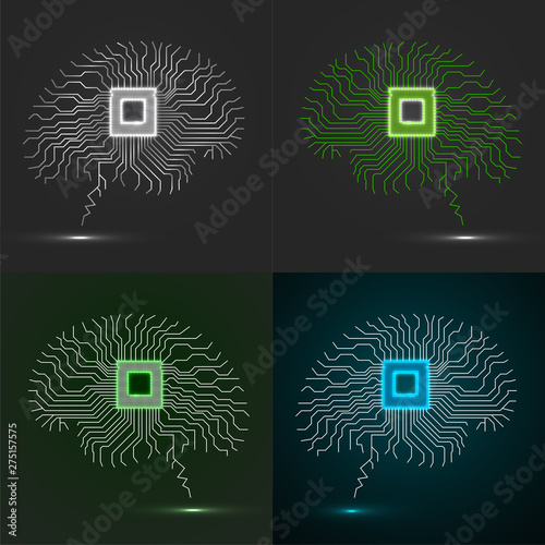 Set of neon brain. Cpu. Circuit board. Abstract technology background. Vector illustration. Eps 10