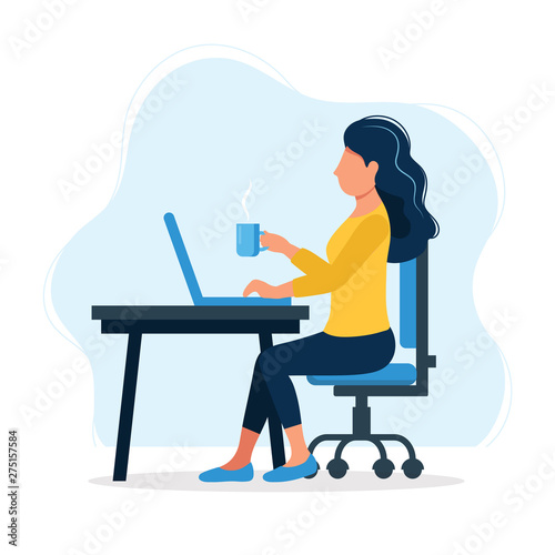 Office work concept illustration with happy female office worker sitting at the table. Happy worker. Vector illustration in flat style