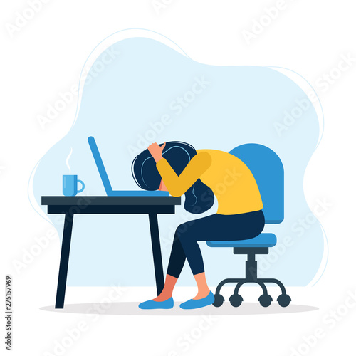 Burnout concept illustration with exhausted female office worker sitting at the table. Frustrated worker, mental health problems. Vector illustration in flat style
