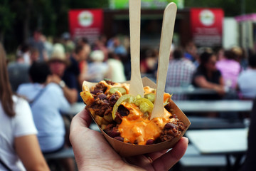 Poutine with French Fries and Chili con Carne, Street Food, dish, food