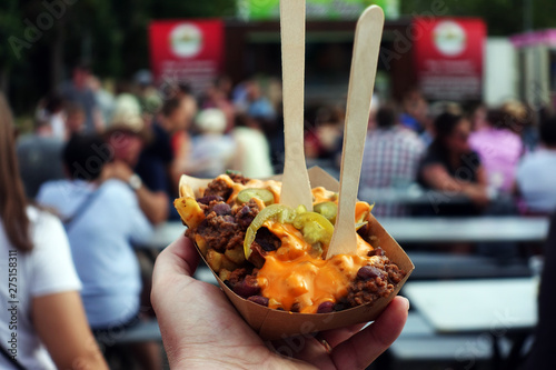 Obraz na plátne Poutine with French Fries and Chili con Carne, Street Food, dish, food