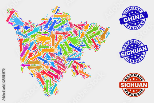Vector handmade combination of Sichuan Province map and unclean watermarks. Mosaic Sichuan Province map is made with scattered bright colored hands. Rounded watermarks with scratched rubber texture.