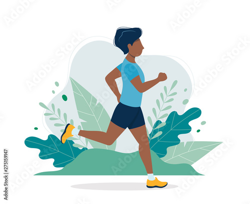 Black man running in the park. Illustration in flat style, concept vector illustration for healthy lifestyle, sport, exercising.