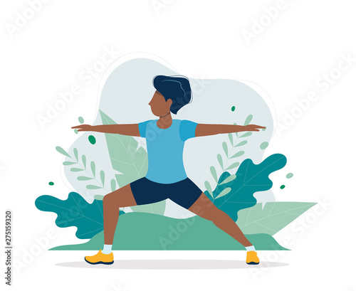 Black man exercising in the park. Illustration in flat style, concept vector illustration for healthy lifestyle, sport, exercising.