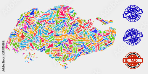 Vector handmade composition of Singapore map and rubber stamp seals. Mosaic Singapore map is made with random bright colored hands. Rounded watermarks with unclean rubber texture.