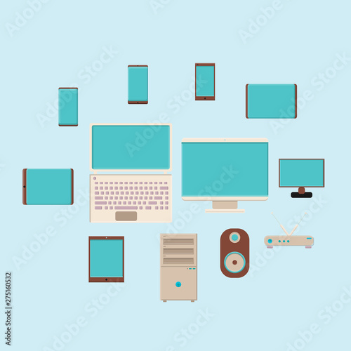 Vector illustration of a large set of flat icons of digital smartphone smartphones computers monitors modems on a blue background. Concept: computer digital technologies