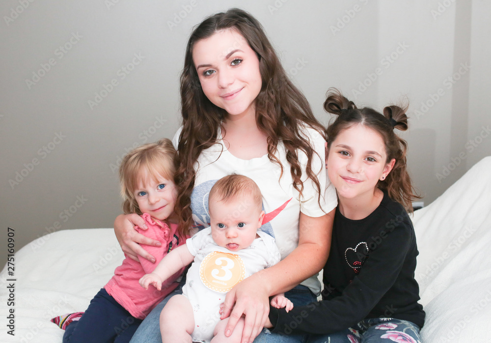 Close up Portrait of Four Beautiful Sisters, One Cute Toddler Girl , 3 Month Old Baby Girl, 7 Years Old Girl, Happy family concept, The most Beautiful Girls, Princesses Close up Portrait of Four Beautiful Sisters, One Cute Toddler Girl , 3 Month Old Baby Girl, 7 Years Old Girl, Happy family concept, The most Beautiful Girls, Princesses