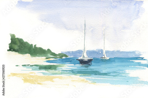 Seaside, sailboats and sky. Beach landscape wallpaper, hand painted design, watercolour background. photo