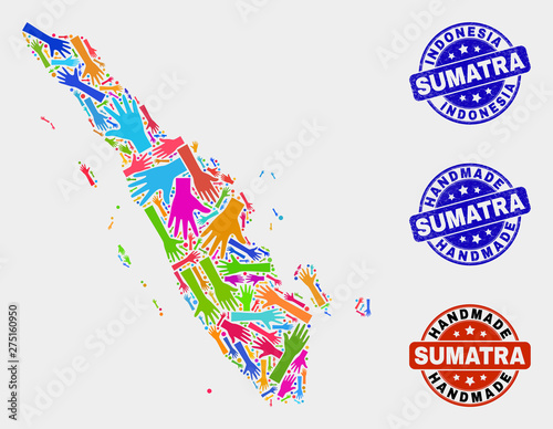 Vector handmade composition of Sumatra map and grunge watermarks. Mosaic Sumatra map is formed of scattered bright colored hands. Rounded watermarks with distress rubber texture.