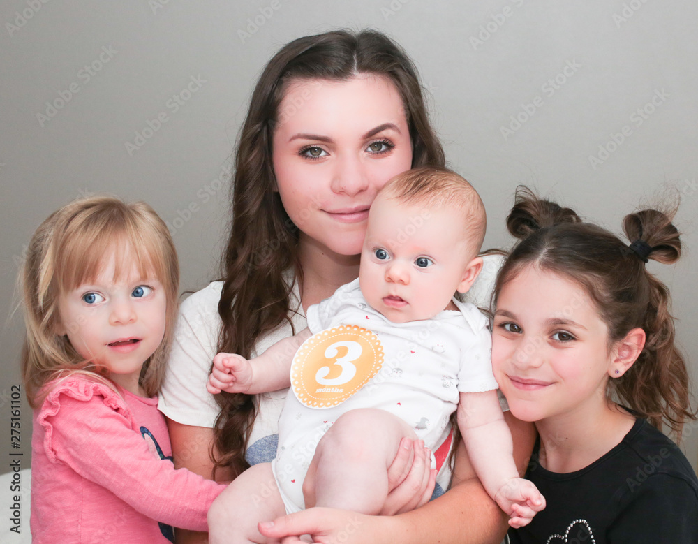 Close up Portrait of Four Beautiful Sisters, One Cute Toddler Girl , 3 Month Old Baby Girl, 7 Years Old Girl, Happy family concept, The most Beautiful Girls, Princesses Close up Portrait of Four Beautiful Sisters, One Cute Toddler Girl , 3 Month Old Baby Girl, 7 Years Old Girl, Happy family concept, The most Beautiful Girls, Princesses