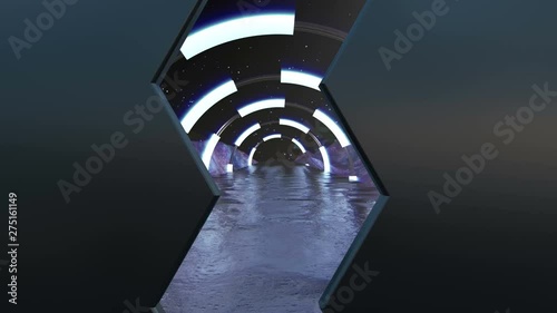 Iron hatch opens panoramic view to the extraterrestrial landscape scene. 3d abstract background of Sci-fi corridor. Futuristic technology abstract seamless VJ for tech titles and background.