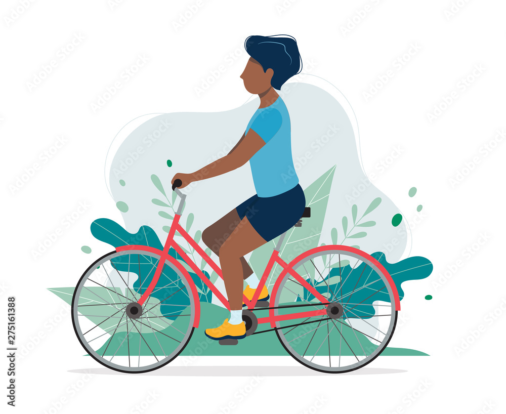 Black man with a bike in the park. Illustration in flat style, concept vector illustration for healthy lifestyle, sport, exercising.