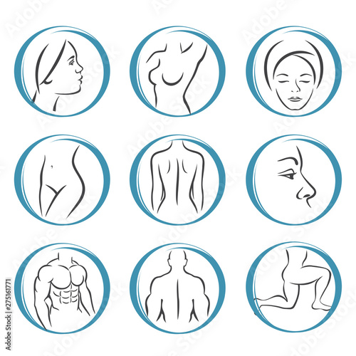 Human body parts. Plastic surgery line icons set. Medical vector icons. Body sculpting system. Care body cosmetic, beauty. 