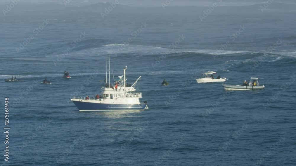 Aerial view surfer and jet ski Mavericks USA