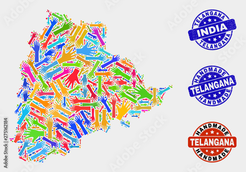 Vector handmade combination of Telangana State map and corroded seals. Mosaic Telangana State map is organized of random bright colorful hands. Rounded seals with corroded rubber texture.