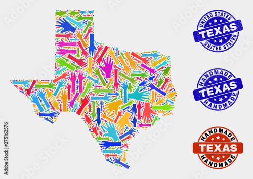 Vector handmade composition of Texas State map and rubber watermarks. Mosaic Texas State map is done with randomized bright colorful hands. Rounded seals with corroded rubber texture.
